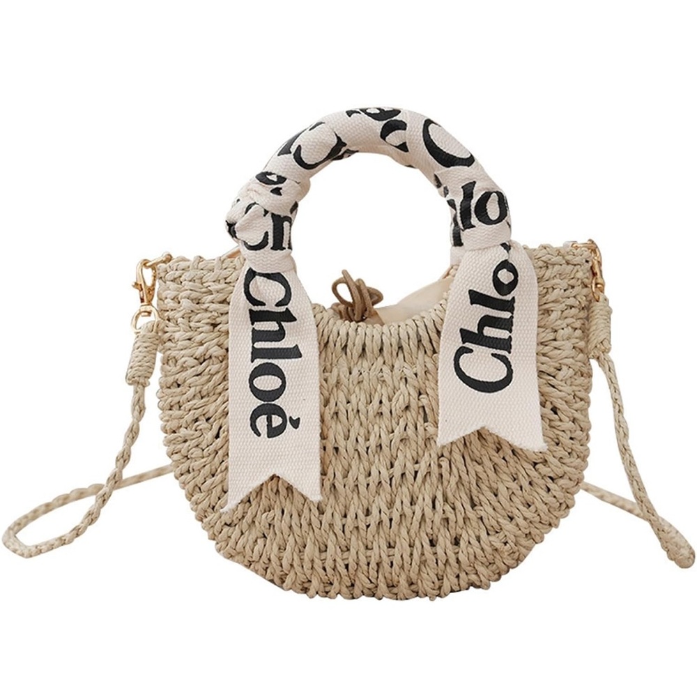Chloé Lookalike Woven Straw Crossbody Bag with Logo Scarf
